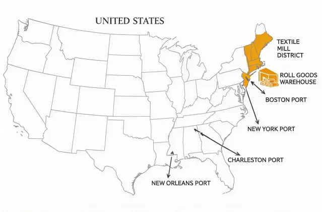 Map illustration locating the Kravet textile sourcing desk in the United States