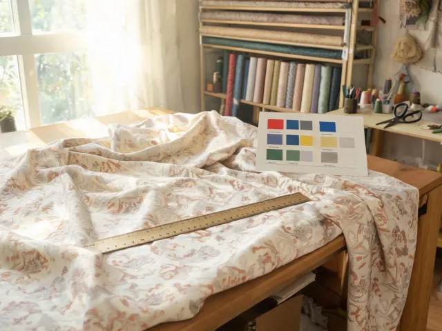 Drapery textile with fold and colorfastness reference