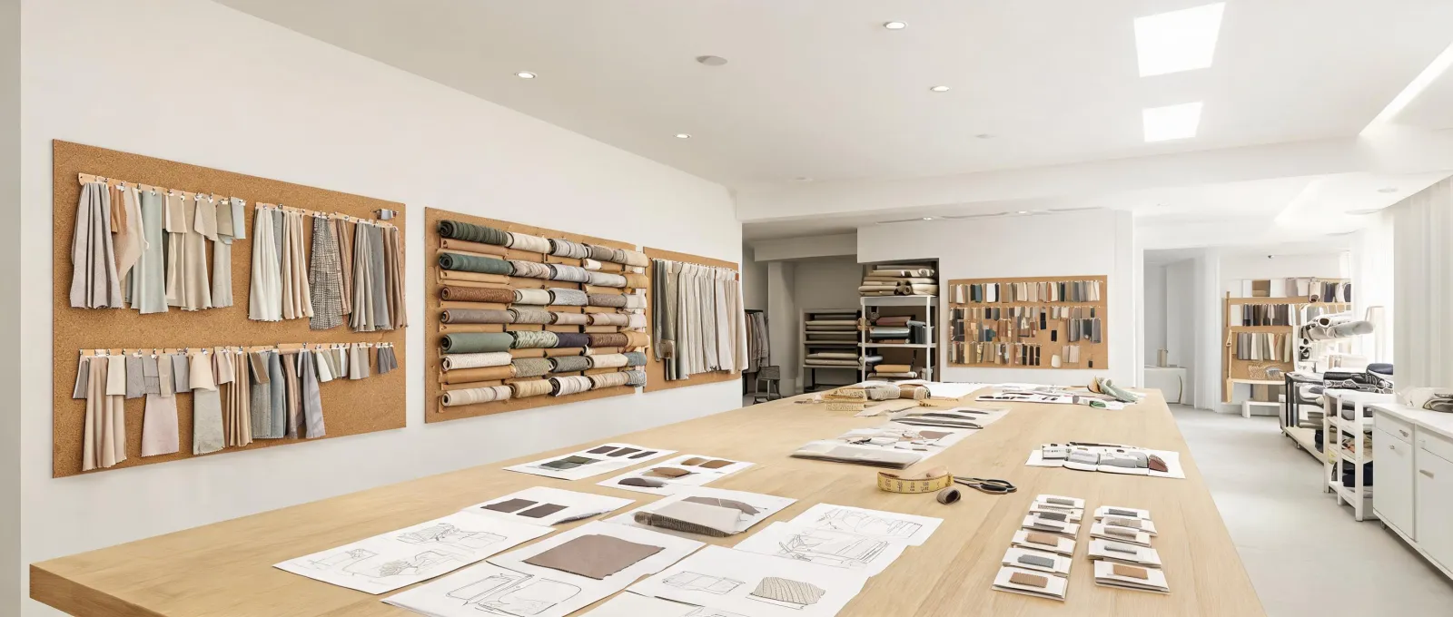 Drapery and upholstery fabric development boards in an interior textile studio