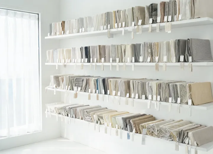 Organized upholstery fabric swatches with construction and GSM labels