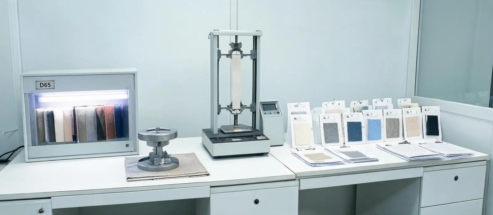 Upholstery fabric inspection laboratory with shade cabinet and physical test bench