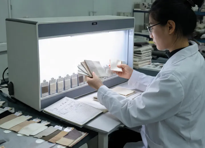 Textile technician comparing lab dips under a controlled light cabinet